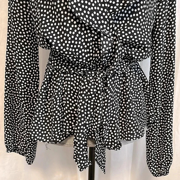 MAX STUDIO Ruffled Polka Dot Blouse Elastic Waist Bow  Tie, Size L - Picture 3 of 11
